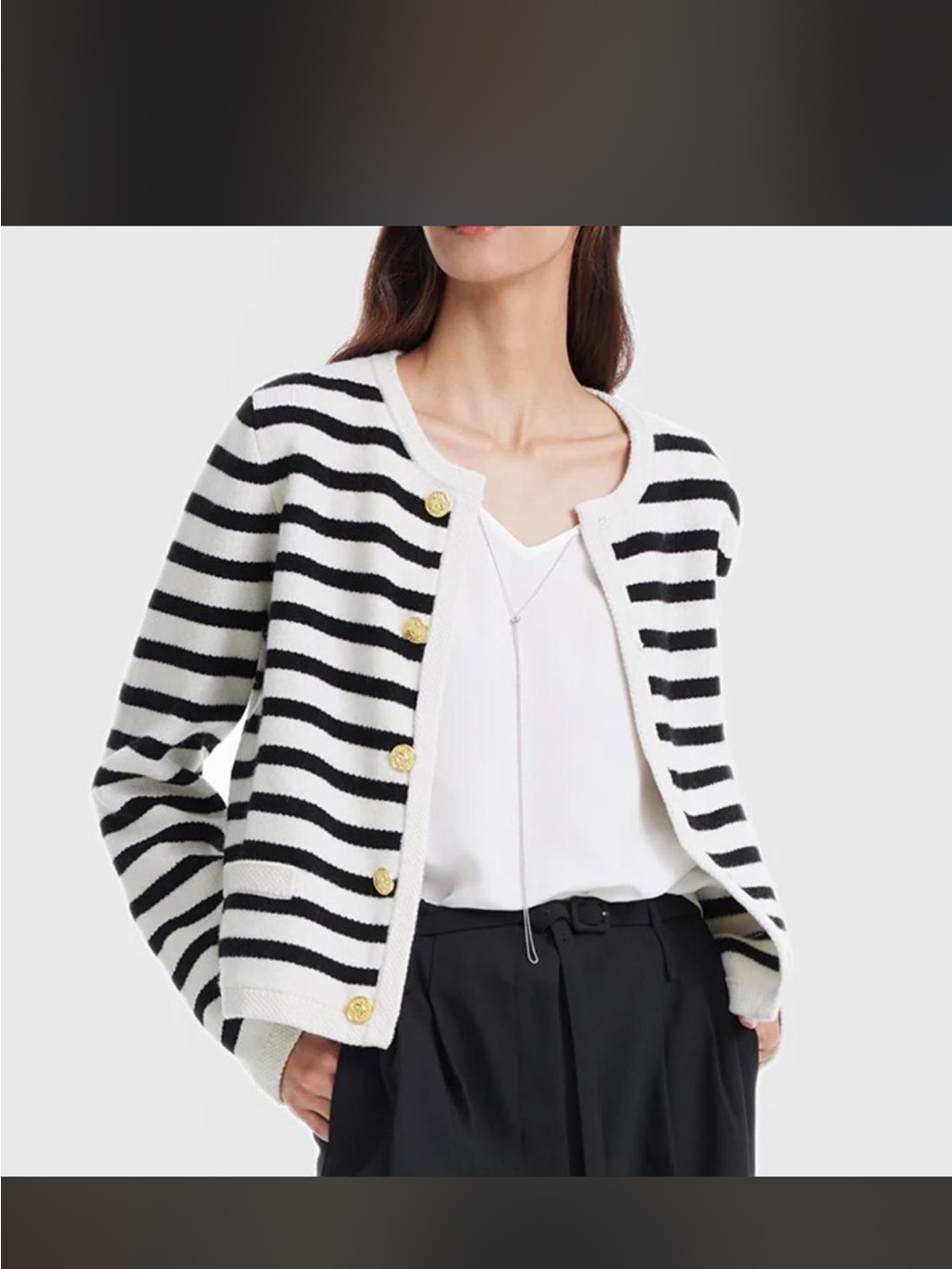 Goelia Button Up  Classic Black & White Striped Crewneck Cardigan